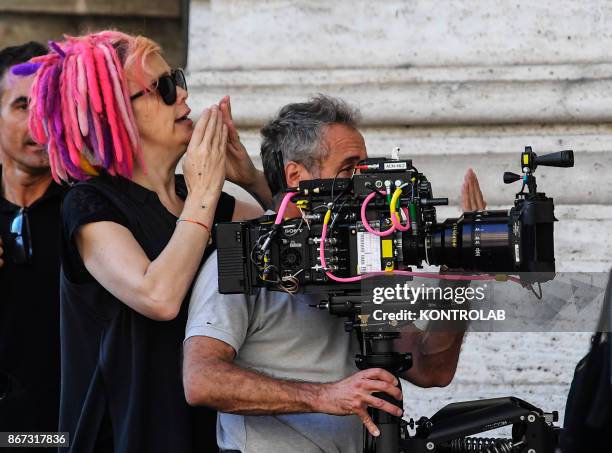 Director Lana Wachowski checks a steadycam on the set of the Netflix TV sci-fi series 'Sense8' at the Mergellina station on the Naples Metro, Italy,...