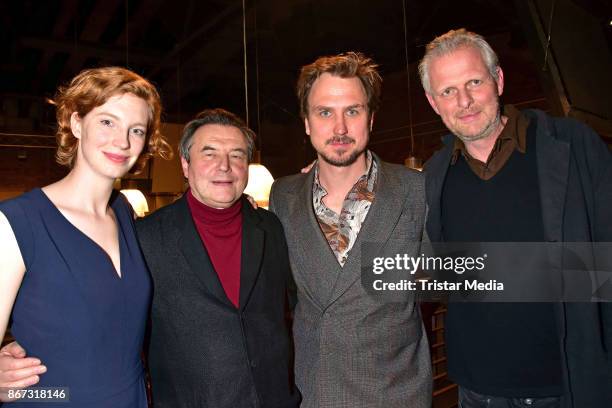 Luise Wolfram, Alexei Utschitel , Lars Eidinger and Thomas Ostermeier attend the German premiere 'Mathilde' at Kino Kulturbrauerei on October 27,...