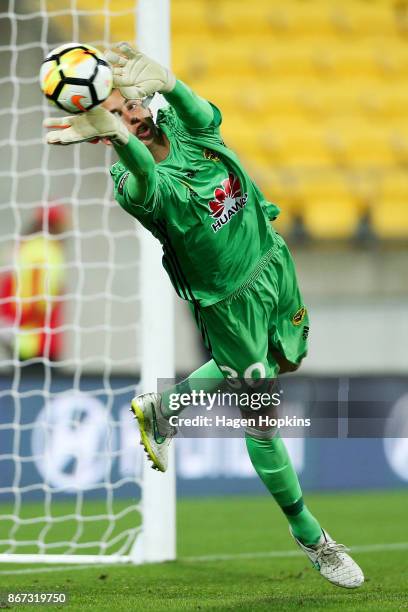 Keegan Smith of the Phoenix makes a save during the round four A-League match between the Wellington Phoenix and the Brisbane Roar at Westpac Stadium...