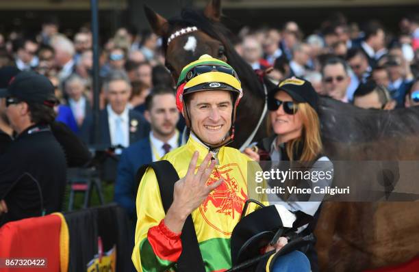 Blake Shinn after riding Lucky Hussler in Race 8, Schweppes Crystal Mile to give him four wins during Cox Plate Day at Moonee Valley Racecourse on...