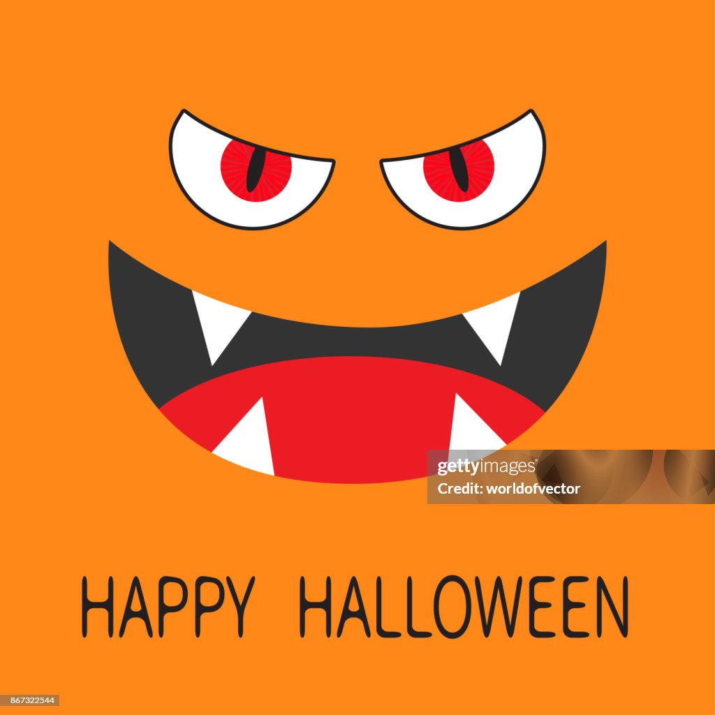 Malos Ojos Rojos Sonrisa Malvada Boca Con Dientes De Colmillos La Lengua Cara Principal Del Personaje De Dibujos Animados Enojado Feliz Halloween Tarjeta De Felicitación Diseño Plano Fondo Naranja Ilustración de stock - Malos Ojos Rojos Sonrisa Malvada Boca Con Dientes De Colmillos La Lengua Cara Principal Del Personaje De Dibujos Animados Enojado Feliz Halloween Tarjeta De Felicitación Diseño Plano Fondo Naranja Ilustración de stock -
