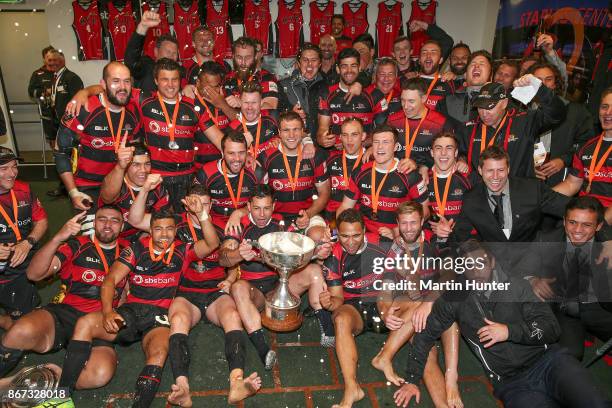 Canterbury team mates celebrate after the final of the Mitre 10 Cup Premiership Final match between Canterbury and Tasman at AMI Stadium on October...