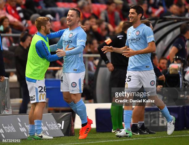 Ross McCormack of Melbourne City and Iacopo La Rocca of Melbourne City celebrate after the score of a goal during the round four A-League match...