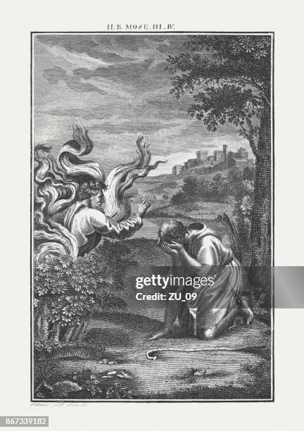 moses and the burning bush (exodus 3), published c. 1850 - sinai desert stock illustrations
