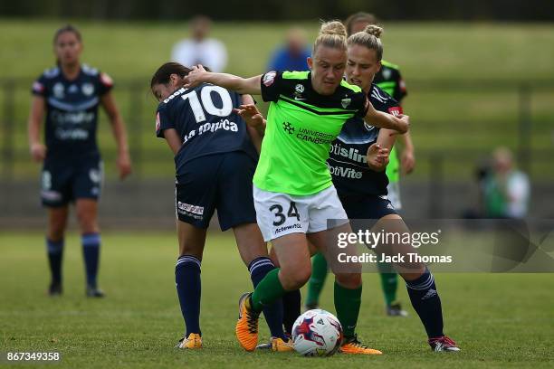 Laura Bassett of Canberra runs with the ball during the round one W-League match between Melbourne Victory and Canberra United at Epping Stadium on...