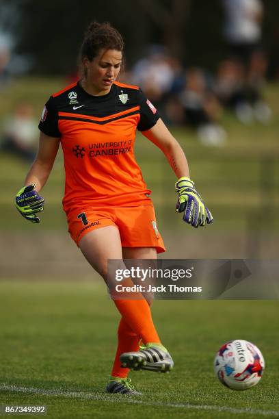 Haley Kopmeyerof Canberra kicks the ball during the round one W-League match between Melbourne Victory and Canberra United at Epping Stadium on...