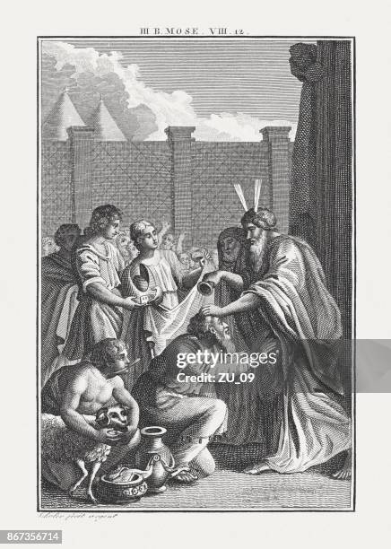 moses consecrations aaron to the high priest (leviticus 8, 12) - the-high-priest stock illustrations