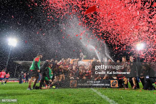 Canterbury celebrate with the Rugby Cup after their win in the Mitre 10 Cup Premiership Final match between Canterbury and Tasman at AMI Stadium on...