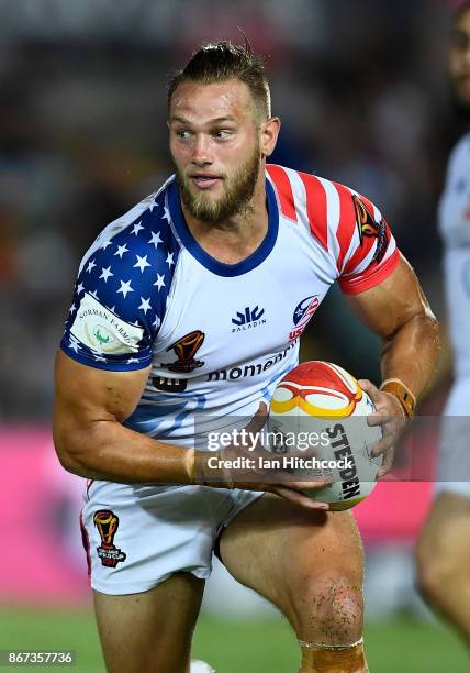 Ryan Burroughs of the USA runs the ball during the 2017 Rugby League World Cup match between Fiji and the United States on October 28, 2017 in...