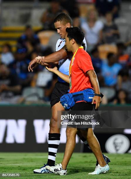 Kane Evans of Fiji walks from the field after being injured during the 2017 Rugby League World Cup match between Fiji and the United States on...