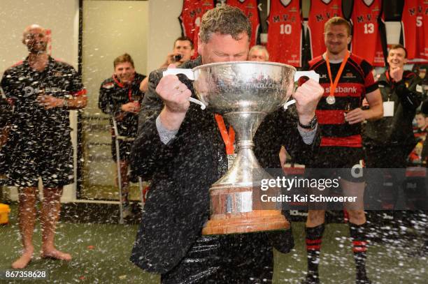 Head Coach Glenn Delaney of Canterbury drinks from the Rugby Cup after the win in the Mitre 10 Cup Premiership Final match between Canterbury and...