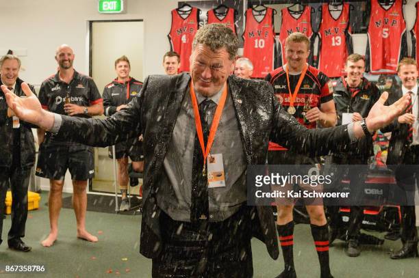 Head Coach Glenn Delaney of Canterbury gets a beer shower after the win in the Mitre 10 Cup Premiership Final match between Canterbury and Tasman at...