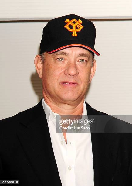 Actor Tom Hanks poses for a photograph at the reception room during professional baseball match between Yomiuri Giants and Chunichi Dragons at Tokyo...