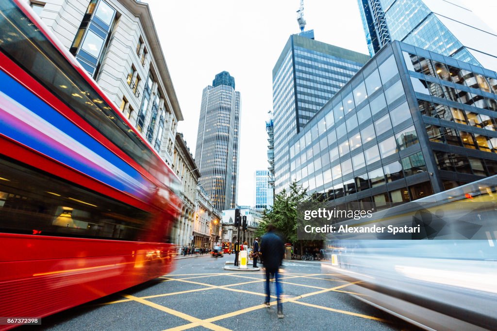 Long exposure view of a street in financial district in London, Greater London, UK