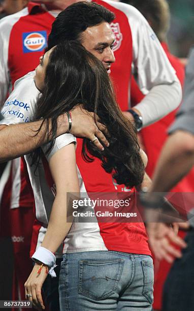 Bollywood actress and co-owner of the IPL team Kings XI Punjab, Preity Zinta, pictured with co-owner and businessman Ness Wadia during the match...