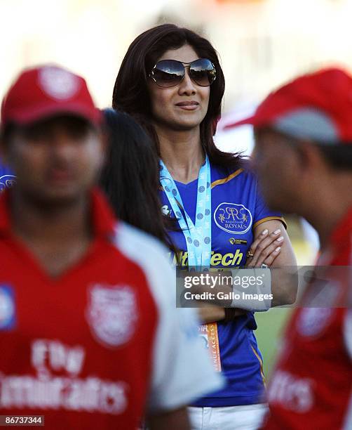 Bollywood actress and co-owner of the IPL team Rajasthan Royals, Shilpa Shetty, attends an IPL match between Rajastan Royals vs Kings Xl Punjab on...