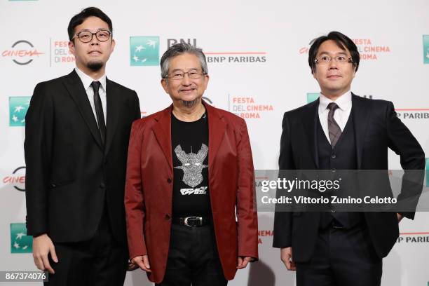 Ichinao Nagai, Go Nagai and Yu Kanemaru attend 'Mazinger Z Infinity' photocall during the 12th Rome Film Fest at Auditorium Parco Della Musica on...