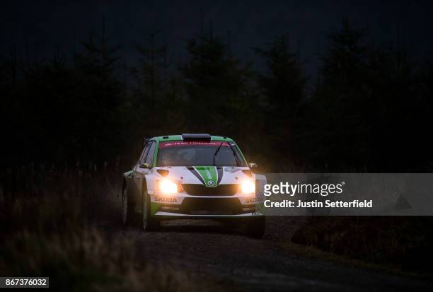 Pontus Tidemand of Sweden drives with co-driver Jonas Andersson of Sweden during the Aberhirnant stage FIA World Rally Championship Great Britain -...