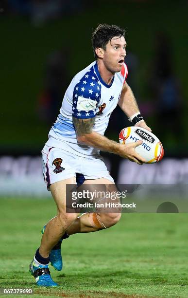 Kristian Freed of the USA runs the ball during the 2017 Rugby League World Cup match between Fiji and the United States on October 28, 2017 in...