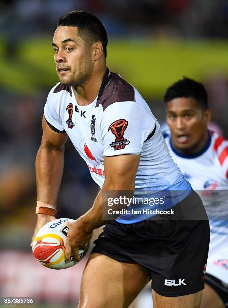 Jarryd Hayne of Fiji runs the ball during the 2017 Rugby League World Cup match between Fiji and the United States on October 28, 2017 in Townsville,...