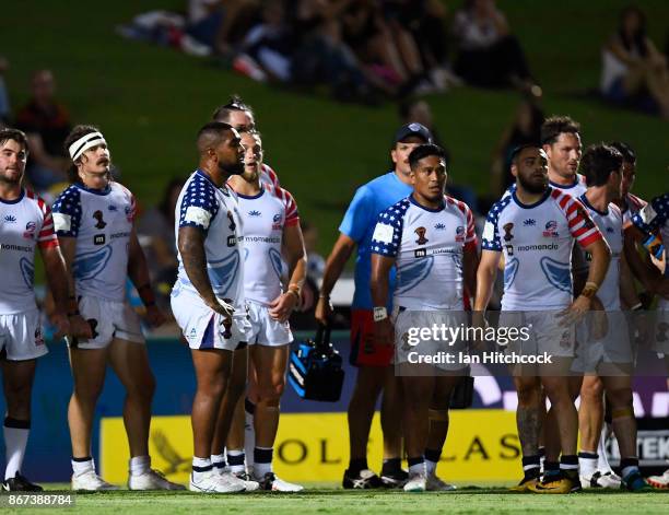 The USA stand in goal waiting for a conversion attempt during the 2017 Rugby League World Cup match between Fiji and the United States on October 28,...