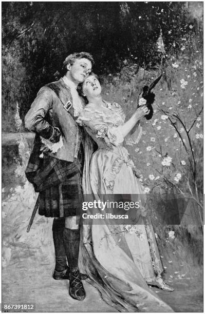 antique photo of paintings: couple outdoors - woman kilt stock illustrations