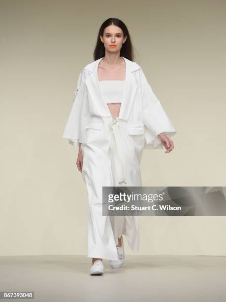 Model showcases a design by Asya Krasnaya during Fashion Forward October 2017 held at the Dubai Design District on October 28, 2017 in Dubai, United...