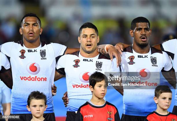 Jarryd Hayne of Fiji sings the national anthem before the start of the 2017 Rugby League World Cup match between Fiji and the United States on...