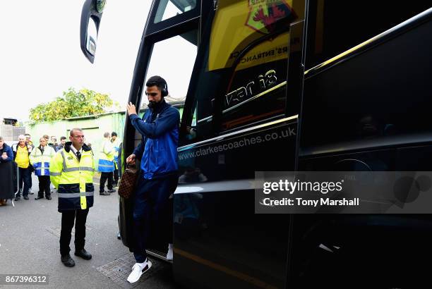 Miguel Britos of Watford arrives at the stadium prior to the Premier League match between Watford and Stoke City at Vicarage Road on October 28, 2017...