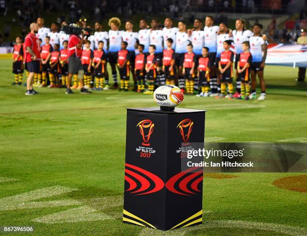 The match ball is seen sitting on a stand before the start of the 2017 Rugby League World Cup match between Fiji and the United States on October 28,...