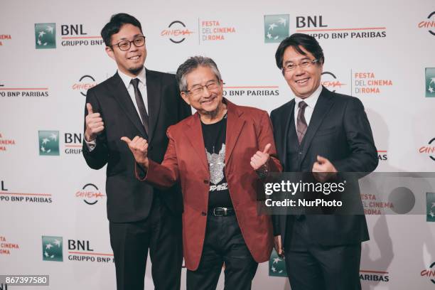 Ichinao Nagai, Go Nagai and Yu Kanemaru attend 'Mazinger Z Infinity' photocall during the 12th Rome Film Fest at Auditorium Parco Della Musica on...