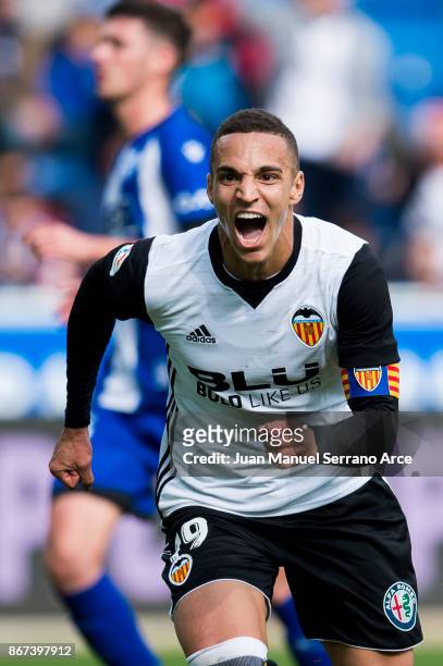 Rodrigo Moreno of Valencia CF celebrates after scoring his team's second goal during the La Liga match between Deportivo Alaves and Valencia CF at...