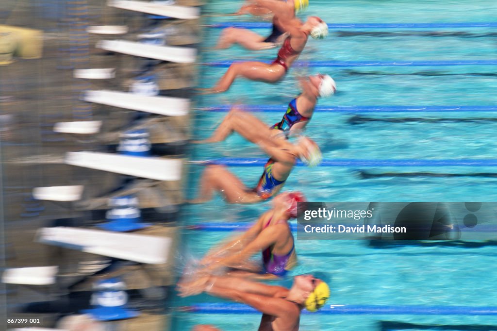 Backstroke Swim Racing Swimming Start Of Womens Backstroke Race Blurred Motion High-Res Stock ...