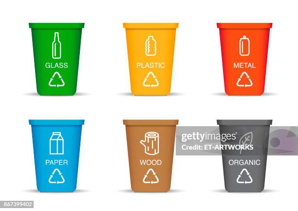 ilustraciones, imágenes clip art, dibujos animados e iconos de stock de papelera de reciclaje color - tacho de la basura