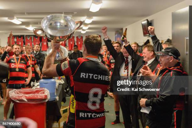 Captain Luke Whitelock of Canterbury lifts the Rugby Cup after the win in the Mitre 10 Cup Premiership Final match between Canterbury and Tasman at...