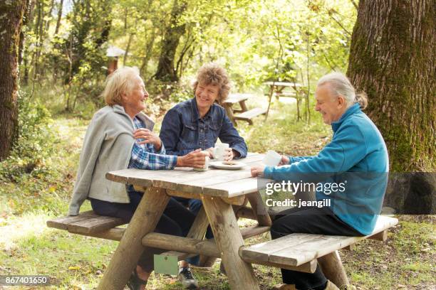 seniors and friend relaxing outdoors - drome stock pictures, royalty-free photos & images