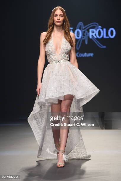 Model walks the runway during the Joao Rolo International show at Fashion Forward October 2017 held at the Dubai Design District on October 28, 2017...