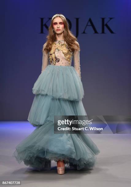 Model walks the runway during the Mohanad Kojak show at Fashion Forward October 2017 held at the Dubai Design District on October 28, 2017 in Dubai,...