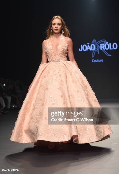 Model walks the runway during the Joao Rolo International show at Fashion Forward October 2017 held at the Dubai Design District on October 28, 2017...