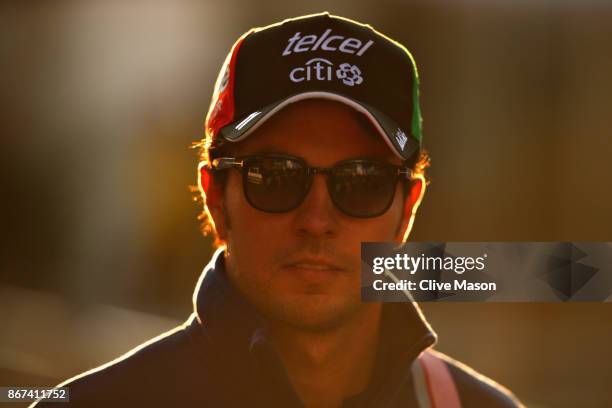 Sergio Perez of Mexico and Force India arrives at the circuit before final practice for the Formula One Grand Prix of Mexico at Autodromo Hermanos...
