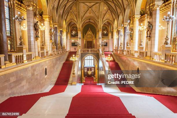 budapest parliament ornamental staircase - red carpet stairs stock pictures, royalty-free photos & images