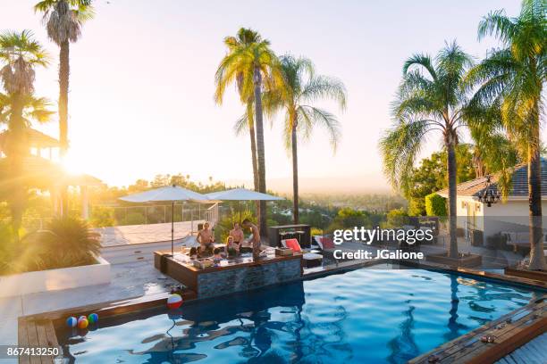 jonge groep vrienden verblijf in een luxevilla, genieten van de hot tub als de zon ingesteld - palm sunday stockfoto's en -beelden