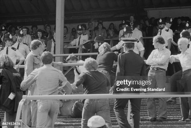 Millwall FC vs Newcastle FC: police constables intervene to quell a brawl between fans, London, UK, 19th August 1978.