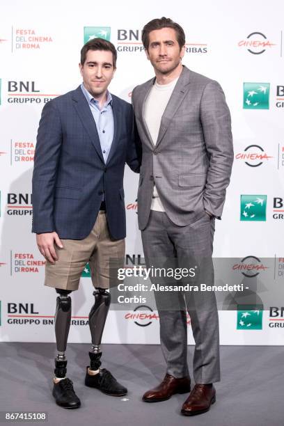 Jeff Bauman and Jake Gyllenhaal attend 'Stronger' photocall during the 12th Rome Film Fest at Auditorium Parco Della Musica on October 28, 2017 in...