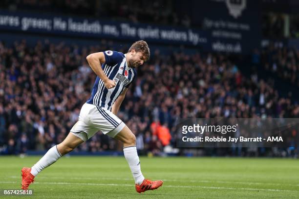 Jay Rodriguez of West Bromwich Albion celebrates after scoring a goal to make it 1-1 during the Premier League match between West Bromwich Albion and...