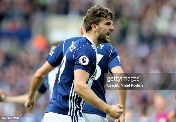 Jay Rodriguez of West Bromwich Albion celebrates scoring his sides first goal during the Premier League match between West Bromwich Albion and...