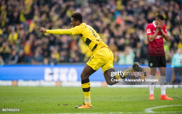 Dan-Axel Zagadou of Borussia Dortmund celebrates scoring the goal to the 1:1 during the Bundesliga match between Hannover 96 and Borussia Dortmund at...