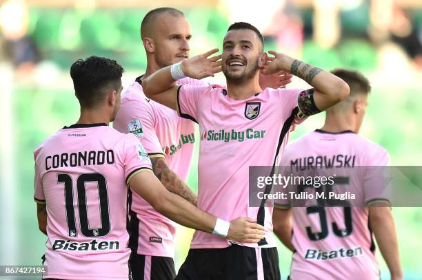 Ilija Nestorovski of Palermo celebrates after scoring his second goal during the Serie B match between US Citta di Palermo and Virtus Entella at...