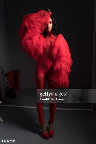 Model backstage ahead of the Mohanad Kojak show during Fashion Forward October 2017 held at the Dubai Design District on October 28, 2017 in Dubai,...