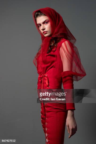 Model backstage ahead of the Mohanad Kojak show during Fashion Forward October 2017 held at the Dubai Design District on October 28, 2017 in Dubai,...